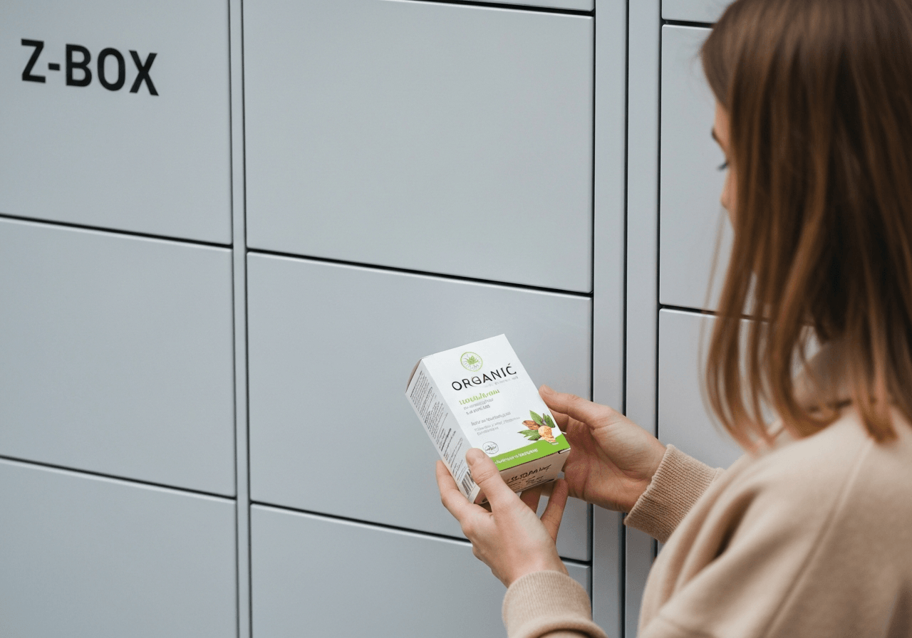 A close-up shot of a modern Z-BOX locker in a clean, outdoor urban setting in Semily, a person holding a box of organic supplements, editorial photography, soft natural light, 85mm lens, highly detailed, no text, no letters