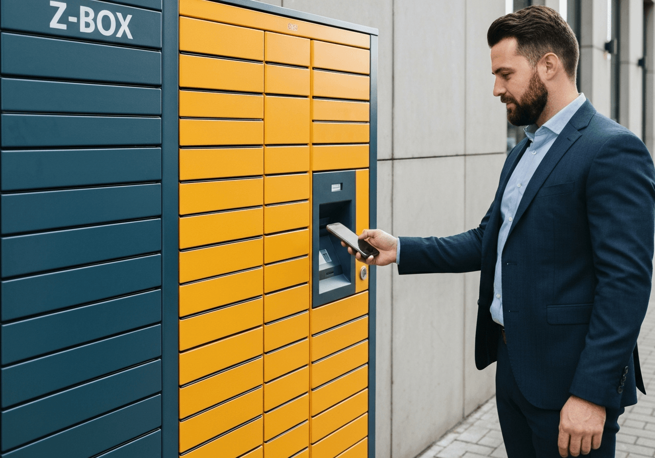A professional person using a smartphone to unlock a modern Z-BOX automated parcel locker, urban setting, editorial photography, soft natural light, 85mm lens, sharp focus, clean aesthetic, no text, no words, no letters.