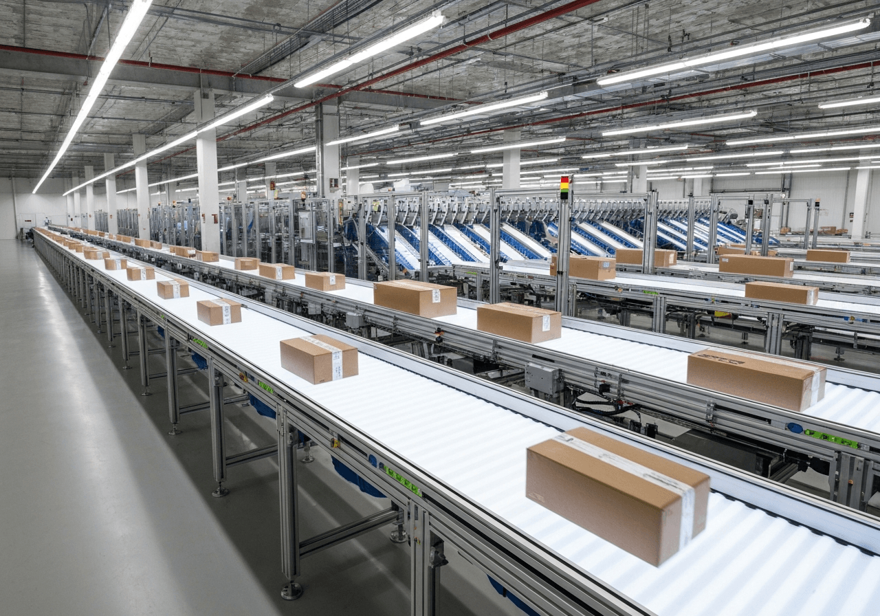A high-tech automated postal sorting facility, conveyor belts with parcels moving in a clean industrial warehouse, editorial photography, soft natural light, 85mm lens, highly detailed, no text, no letters