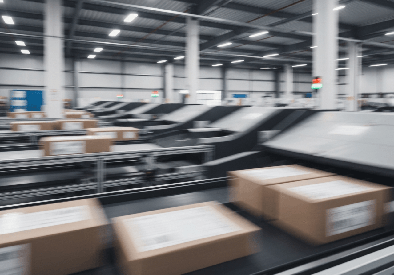 A professional logistics center interior with blurred motion of high-speed package sorting machines, clean industrial architecture, minimalist aesthetic, editorial photography, soft natural light, 85mm lens, depth of field, no text, no words, no letters