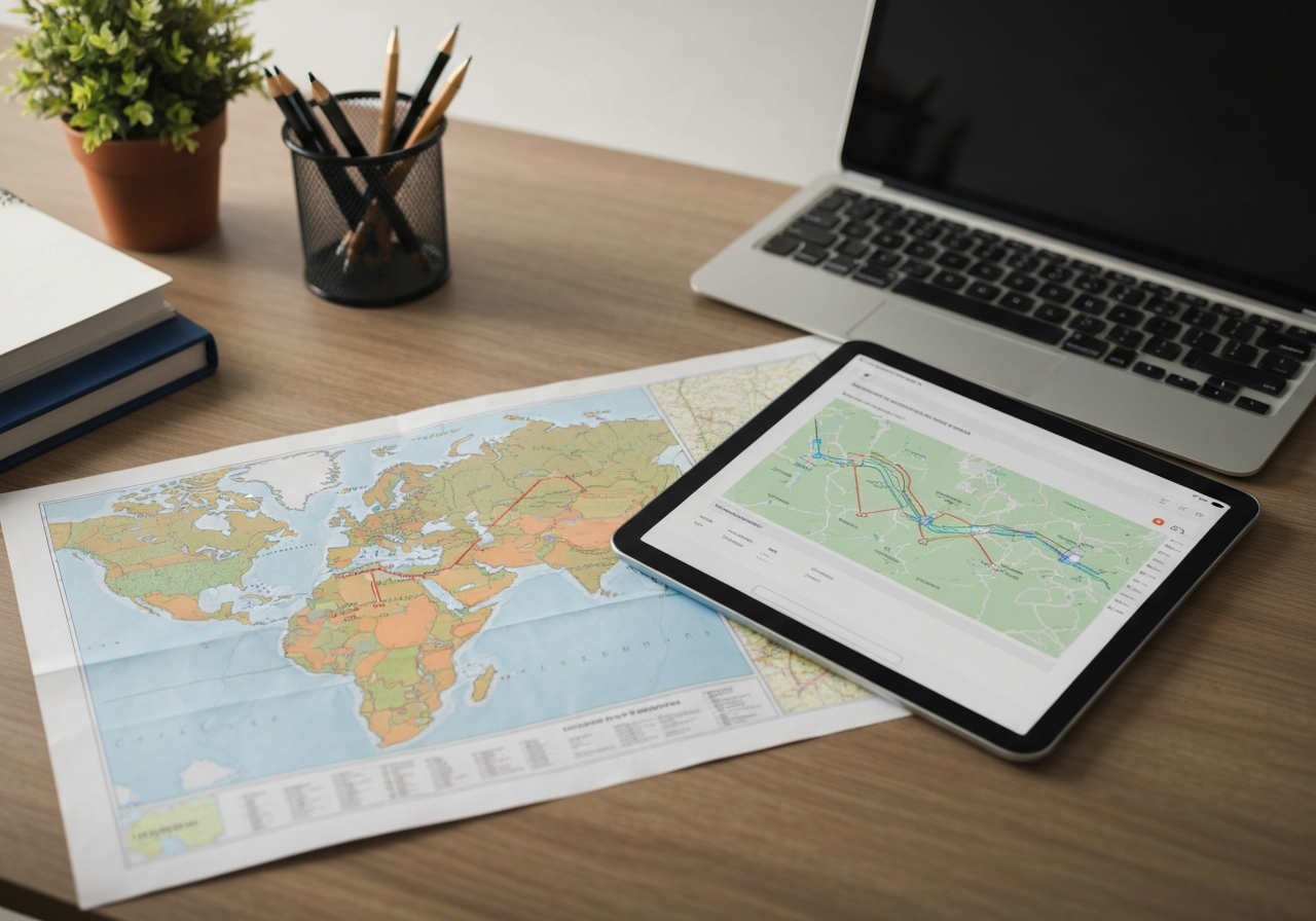 A professional logistics and geography desk with a high-quality paper map, a modern tablet showing mapping software, and a clean workspace, editorial photography, soft natural light, 85mm lens, highly detailed, no text, no letters