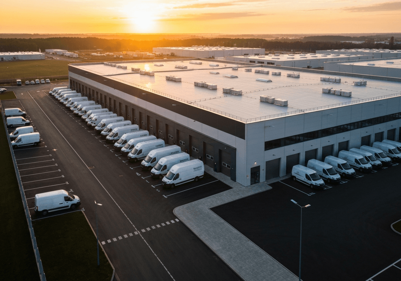 Aerial view of a modern logistics distribution hub in the Czech Republic, vibrant morning sunlight, professional logistics vans neatly parked, clean industrial architecture, 85mm lens, high resolution, no text, no letters.