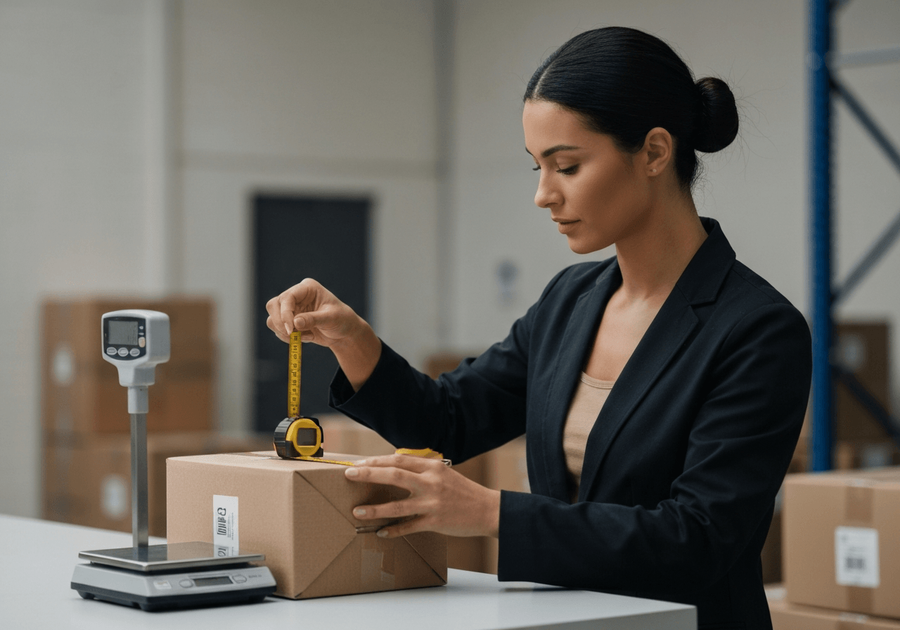Professional logistics expert measuring a cardboard parcel with a digital scale and measuring tape, clean modern warehouse background, editorial photography, soft natural light, 85mm lens, high detail, no text, no words, no letters