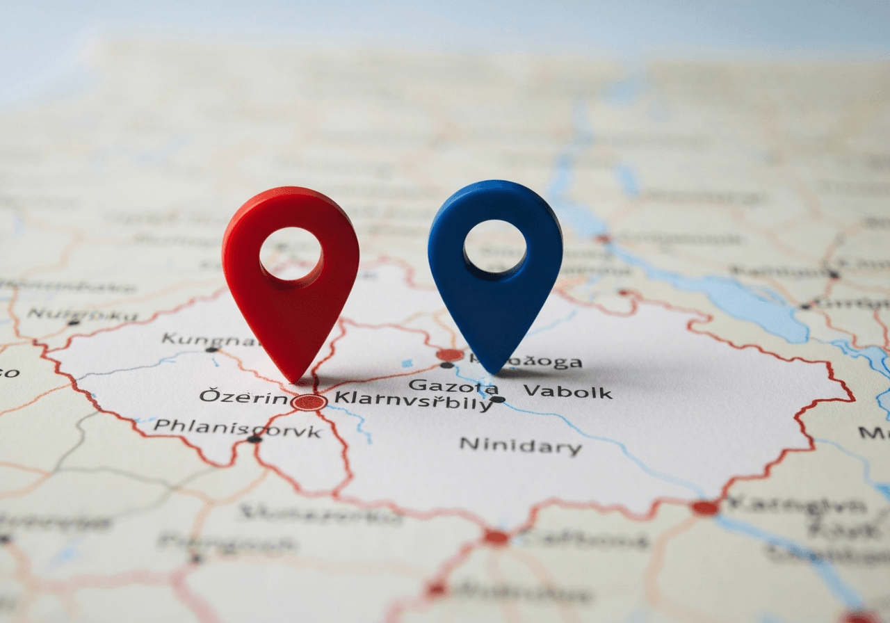Two different map markers on a clean, stylized map of the Czech Republic, professional navigation aesthetic, soft natural light, depth of field, 85mm lens, no text, no words, no letters