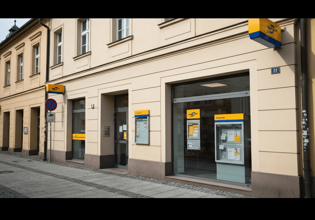 A professional, clean, modern post office storefront in a charming Czech town, soft natural daylight, cinematic atmosphere, 85mm lens, high quality editorial photography, no text, no words, no letters