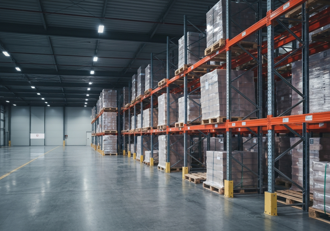 A professional logistics warehouse interior at dusk, focused on palletized industrial goods in an orderly arrangement, modern clean aesthetic, soft natural light reflecting on metal surfaces, 85mm lens, depth of field, premium editorial photography, no text, no words, no letters