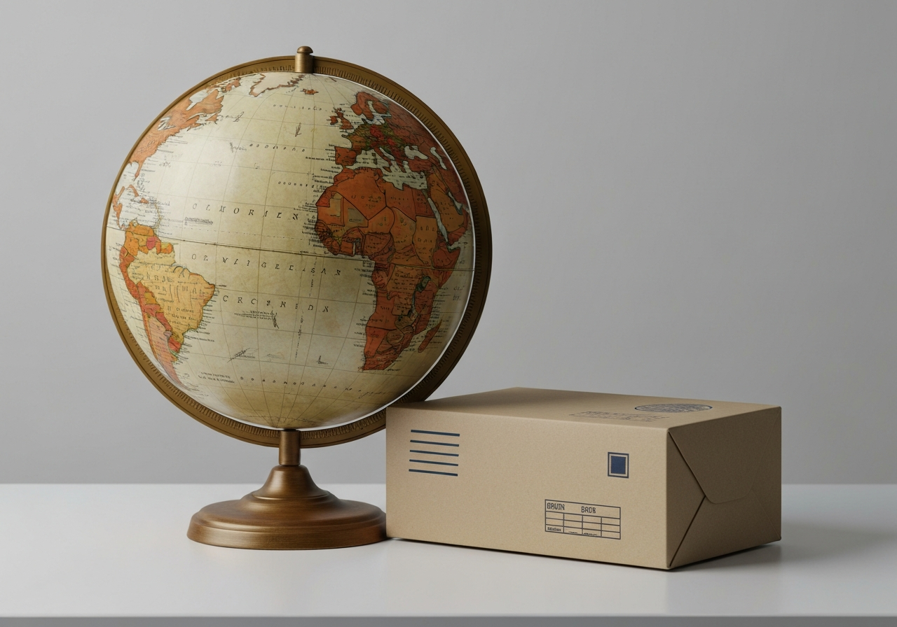 A detailed close-up shot of a vintage globe and a modern postal parcel on a clean white desk, professional lighting, editorial photography style, soft natural shadows, 85mm lens, high resolution, no text, no letters