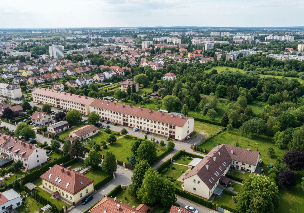 Aerial view of the Olomouc-Holice district showing a blend of residential housing and green spaces, clean urban landscape, soft natural light, professional editorial photography, 85mm lens, high resolution, no text, no letters
