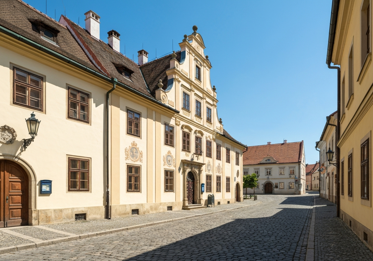 Exterior view of a historic Czech post office building in Telc, charming renaissance architecture, cobblestone street, bright daylight, editorial photography style, 85mm lens, sharp focus, no text, no letters