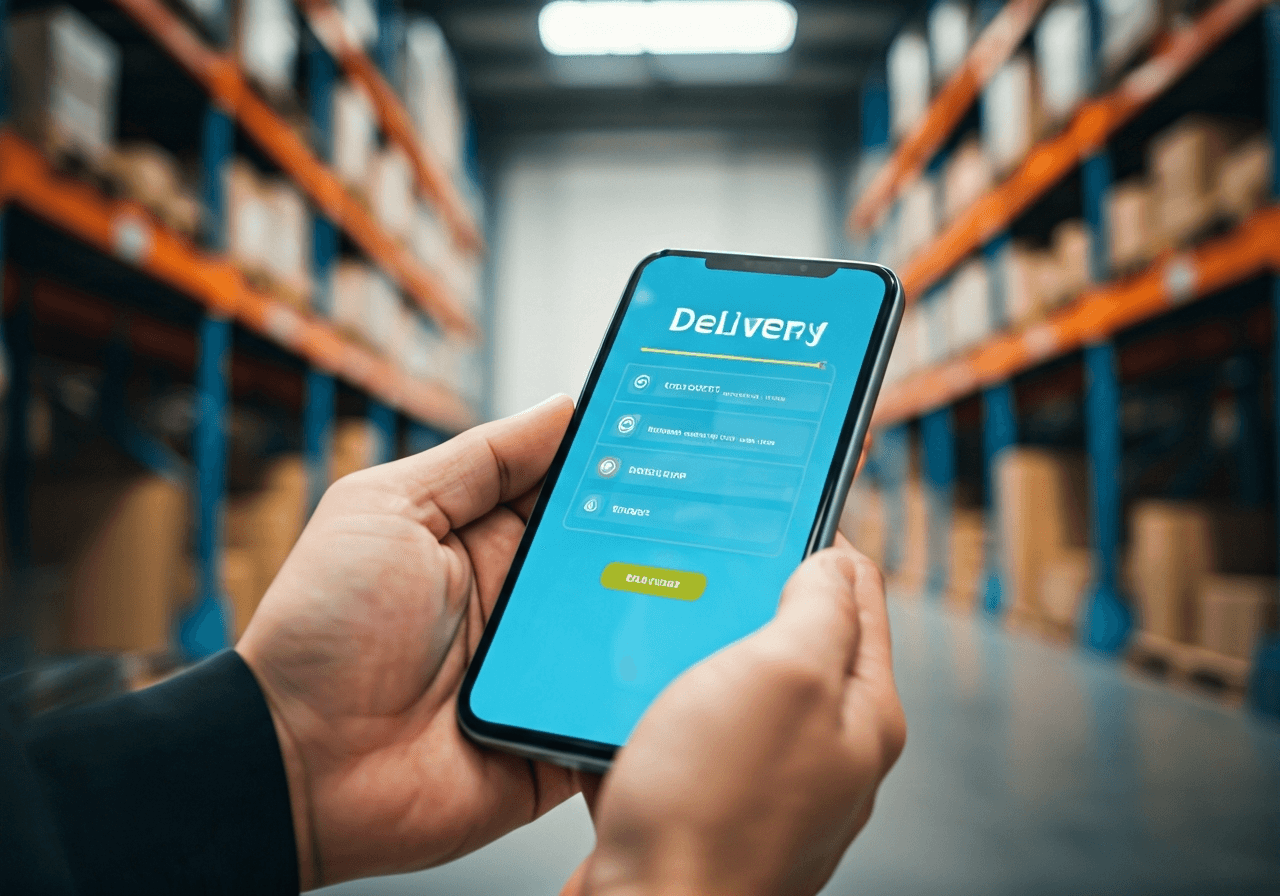 A close-up of a person holding a modern smartphone displaying a delivery tracking interface, blurred logistics warehouse background, clean minimalist aesthetic, soft natural daylight, 85mm lens, high resolution, no text, no words, no letters.