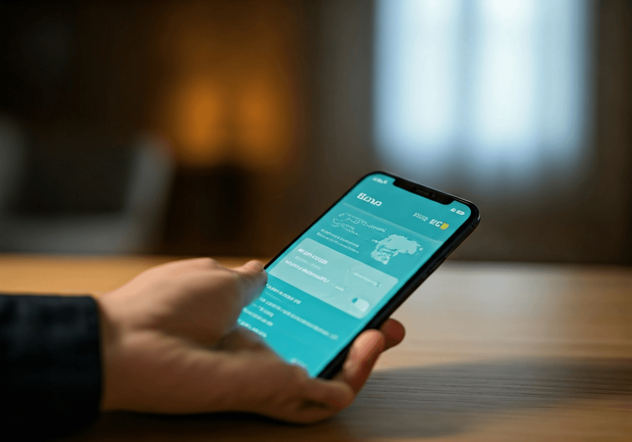 A close-up shot of a modern smartphone screen displaying a logistics tracking map interface, blurred background of a cozy home office, Editorial photography, premium feel, soft natural light, 85mm lens, no text, no words, no letters
