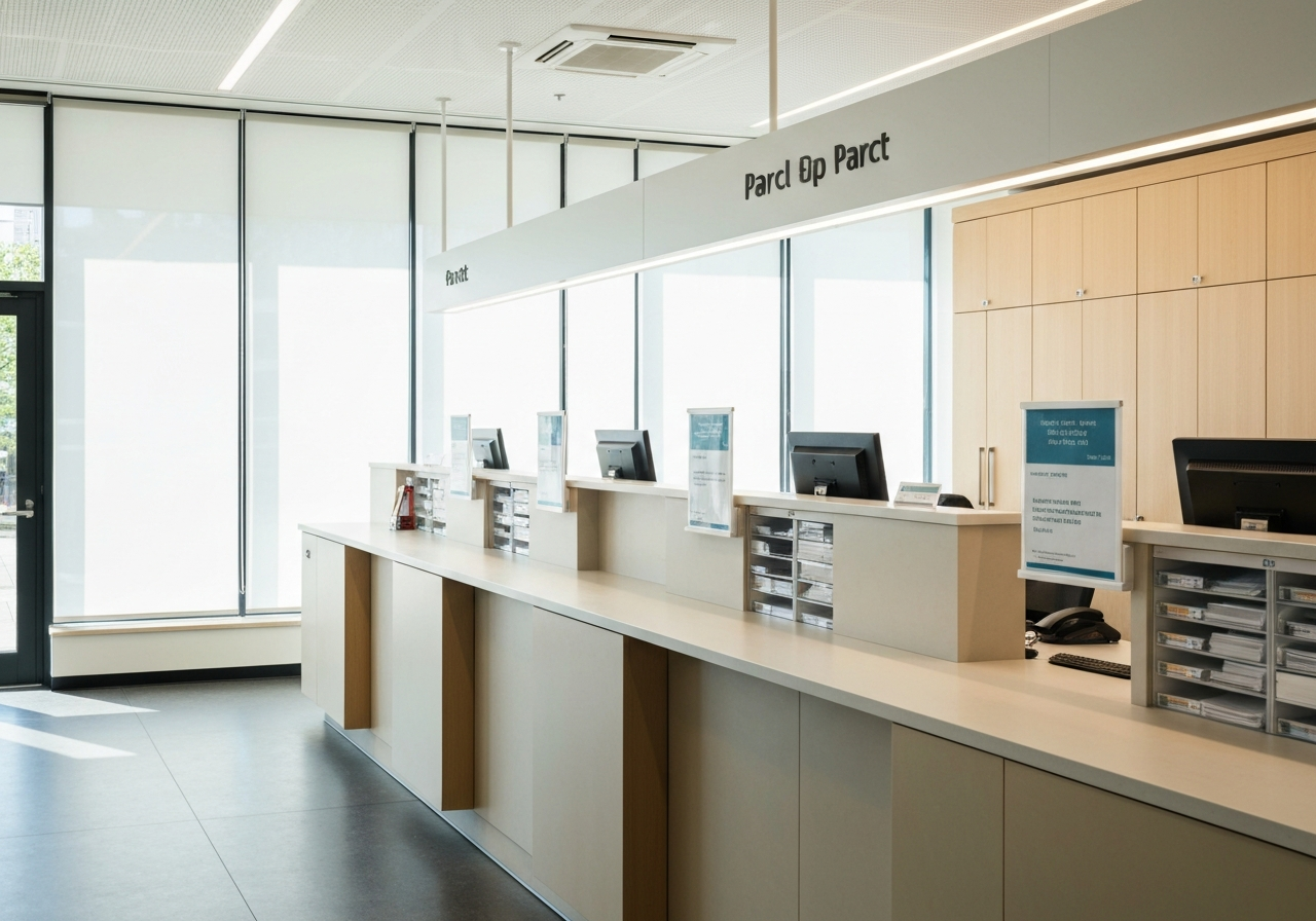A professional, modern post office branch interior with clean signage and organized parcel counters, soft natural light, 85mm lens, minimalist design, editorial photography style, no text, no letters