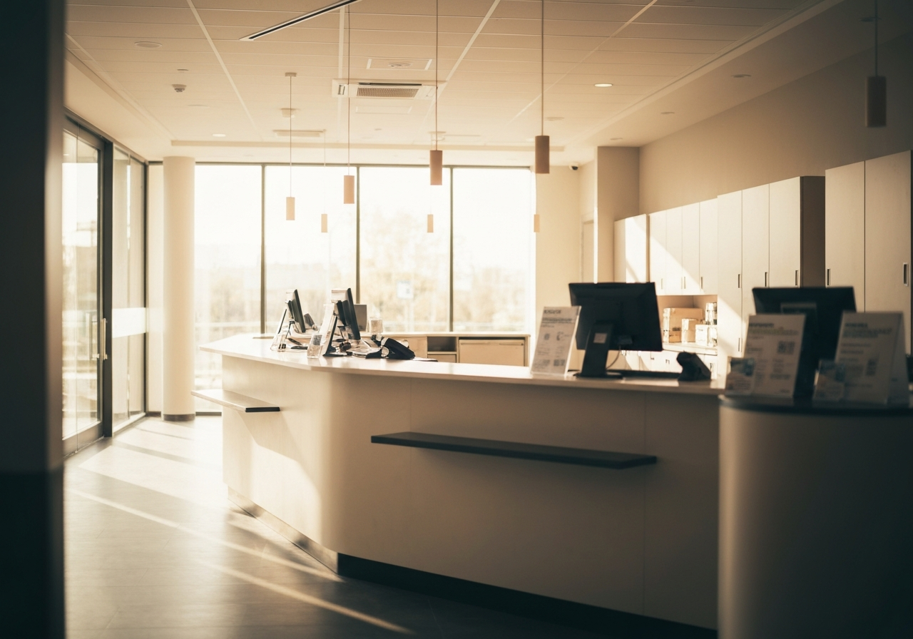 A professional, clean, and organized interior of a modern postal service counter, minimalist aesthetic, warm sunlight streaming through windows, depth of field, high-end editorial photography style, 85mm lens, no text, no words, no letters.