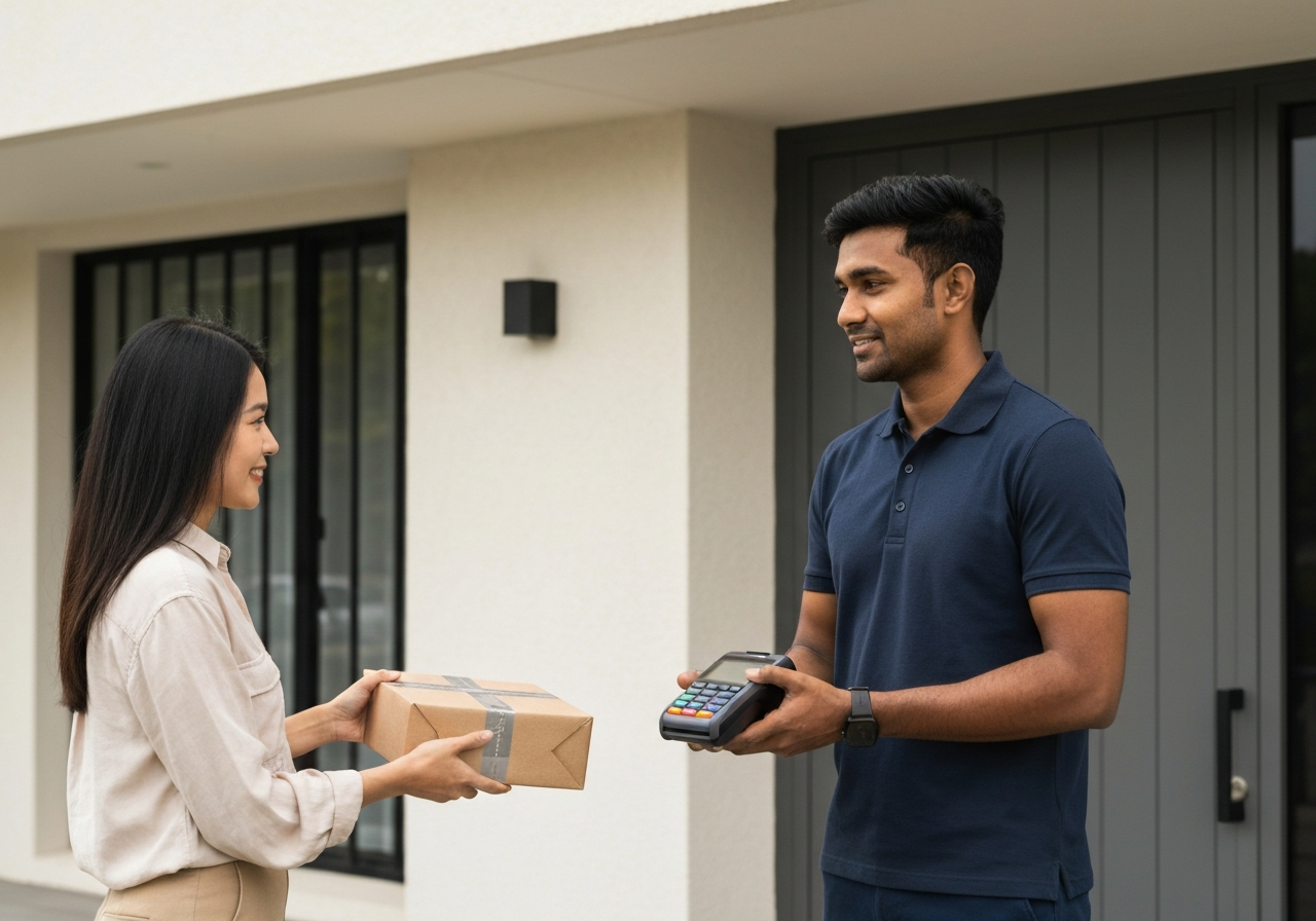 A professional courier holding a compact wireless payment terminal while handing a parcel to a customer at a doorstep, modern residential background, clean minimalist aesthetic, high-end editorial photography, soft natural daylight, 85mm lens, depth of field, no text, no words, no letters
