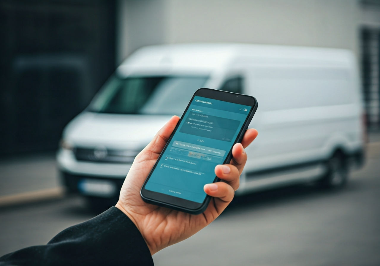 A close-up of a hand holding a mobile phone displaying a package tracking interface, blurred modern courier van in the background, professional editorial photography, soft natural light, 85mm lens, high-end logistics aesthetic, no text, no words, no letters