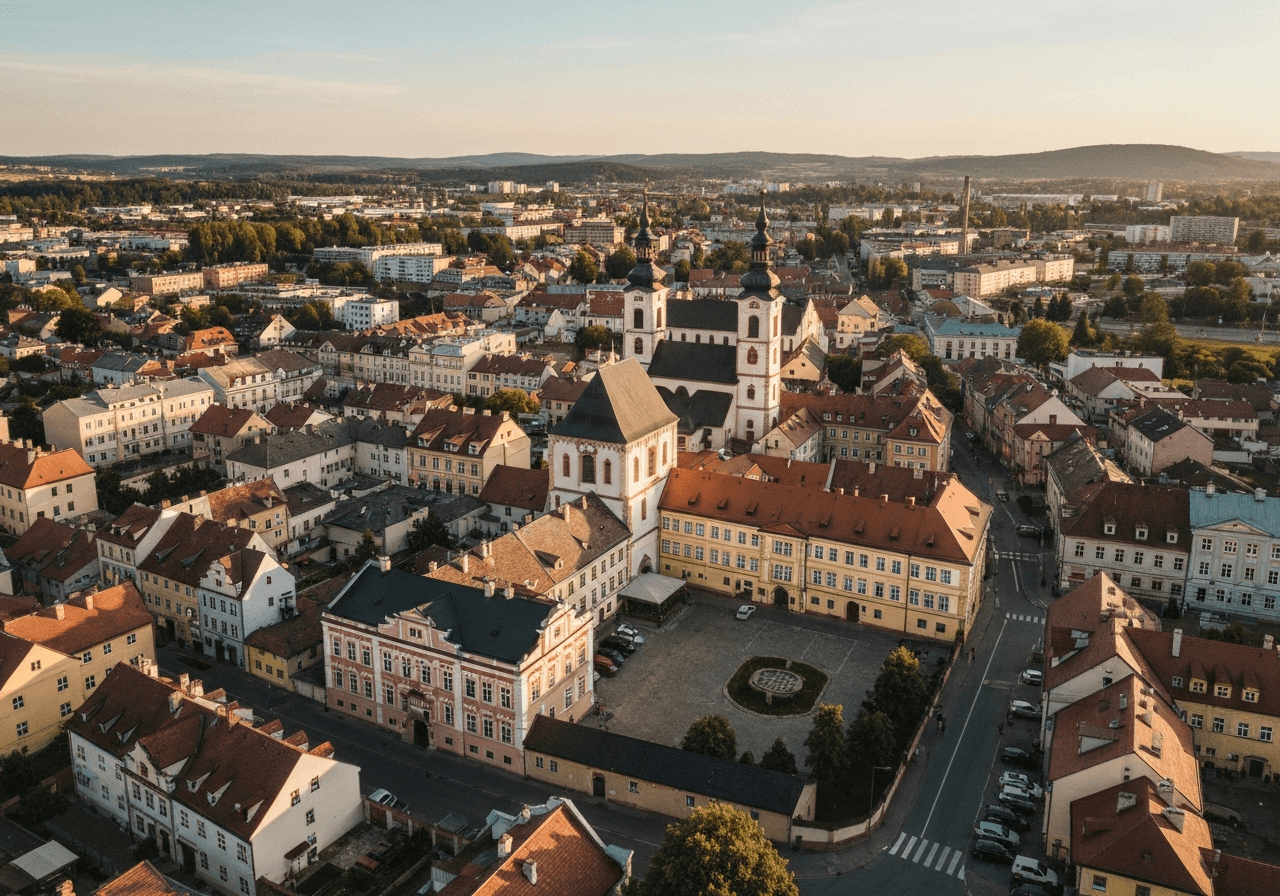 Aerial view of the historical town of Lipník nad Bečvou, captured during golden hour, modern urban planning mixed with classical architecture, editorial photography, soft natural light, 85mm lens, highly detailed, no text, no letters