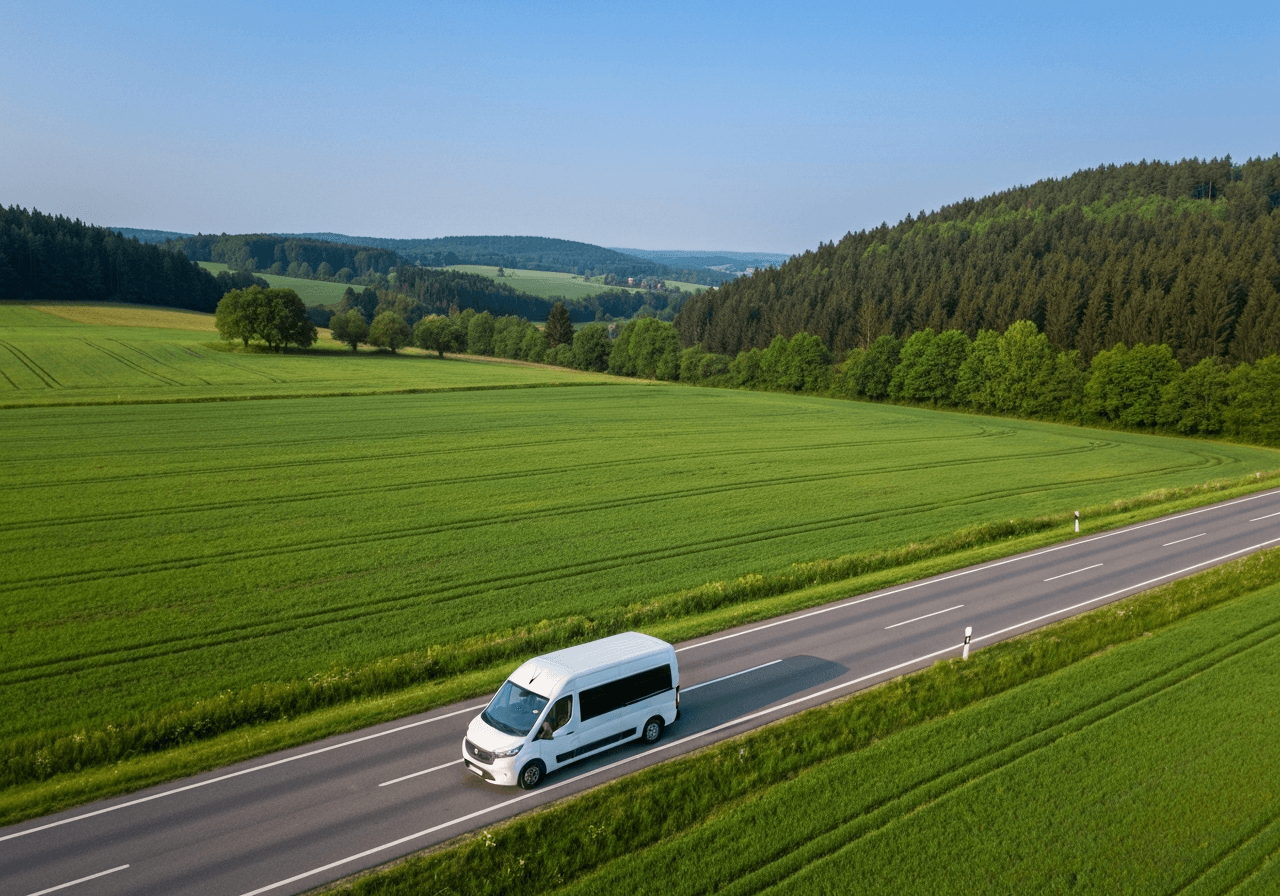 Aerial view of a modern logistics delivery van driving through a picturesque Moravian countryside road near Lipnik nad Becvou, lush green landscapes, clear blue sky, editorial photography, soft natural light, 85mm lens, high resolution, no text, no letters