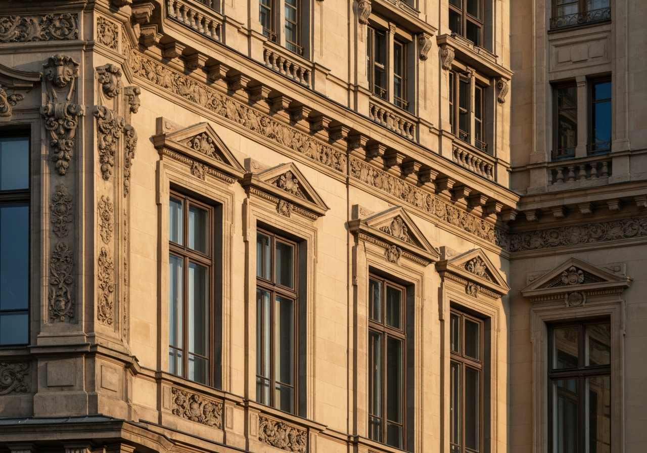 Detailed architectural photography of the neo-Renaissance facade of the Main Post Office in Jindrisska Street, Prague, capturing ornate stone carvings and historic windows, soft morning light, 85mm lens, high resolution, no text, no letters