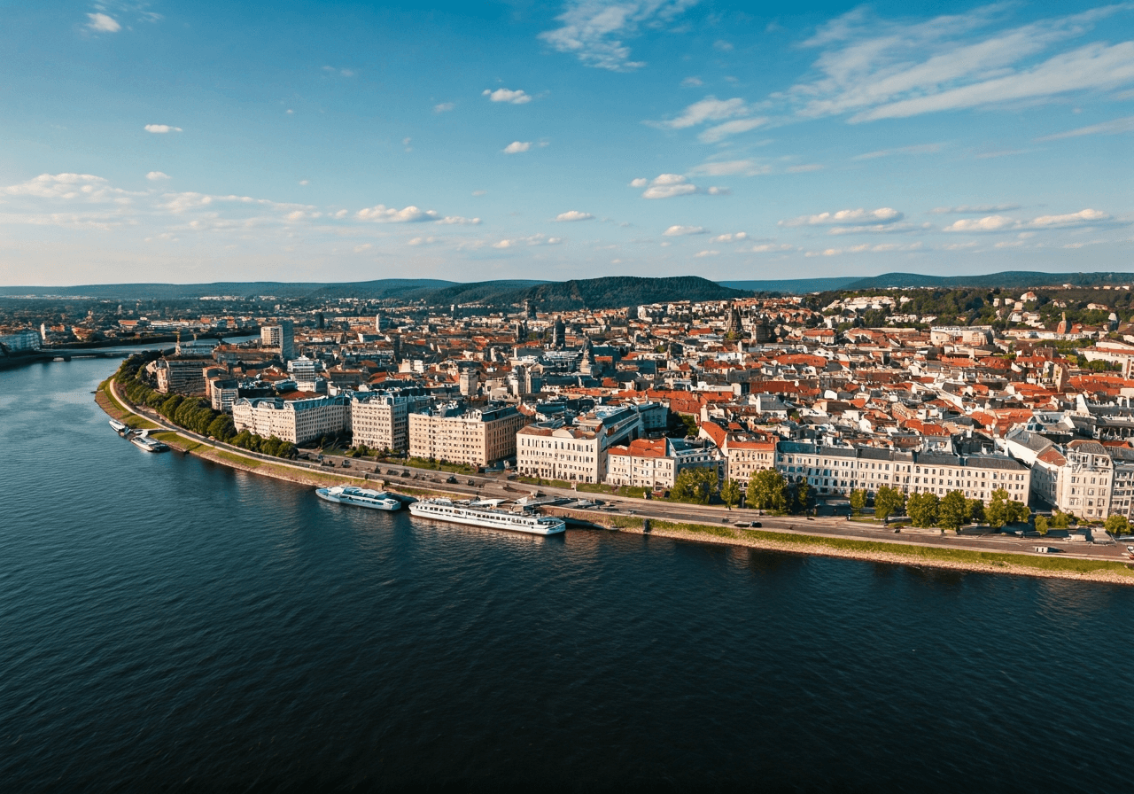Aerial view of the city of Děčín with the Elbe River, modern clean aesthetic, editorial photography, soft natural light, 85mm lens, highly detailed, no text, no letters