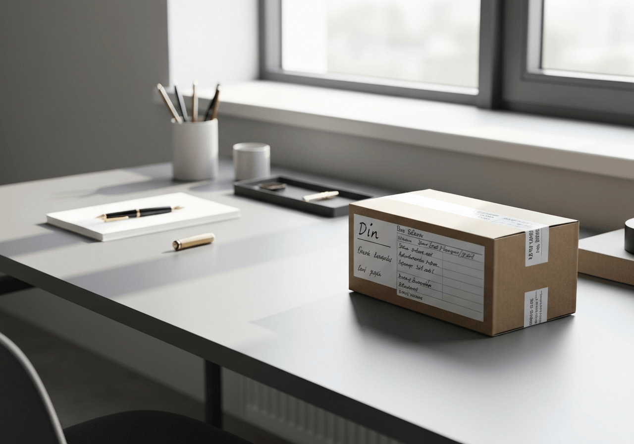 A high-quality editorial shot of a neatly organized desk with a parcel addressed for shipment in Děčín, modern office environment, focus on handwriting and precision, soft natural light, 85mm lens, highly detailed, no text, no words, no letters