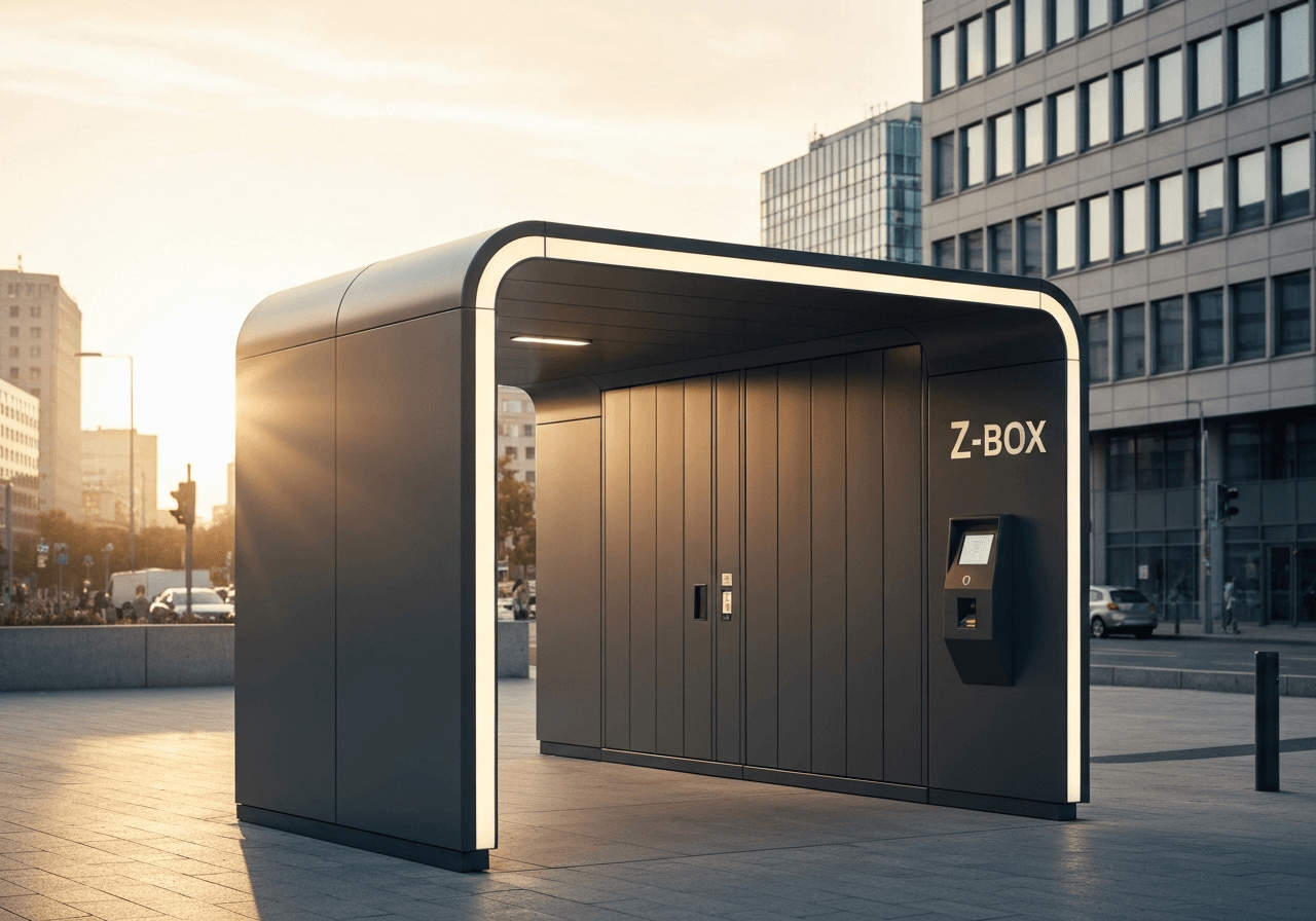 A modern, sleek Z-BOX parcel terminal at sunset in an urban environment, clean aesthetic, editorial photography, soft natural light, 85mm lens, highly detailed, no text, no words, no letters.