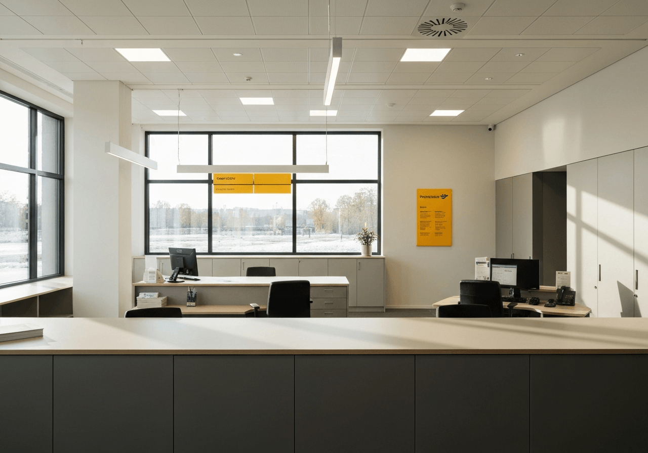 A professional, modern post office interior in Slavonice, clean lines, minimalist signage, soft natural light streaming through a window, 85mm lens, high-end editorial photography style, no text, no words, no letters.