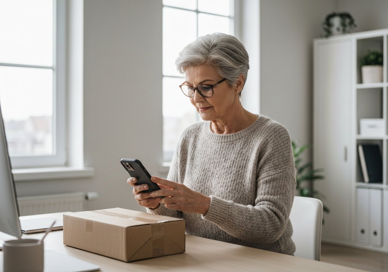 A person using a modern smartphone to arrange a parcel shipment in a minimalist home office, soft natural light, editorial photography, 85mm lens, high quality, no text, no letters