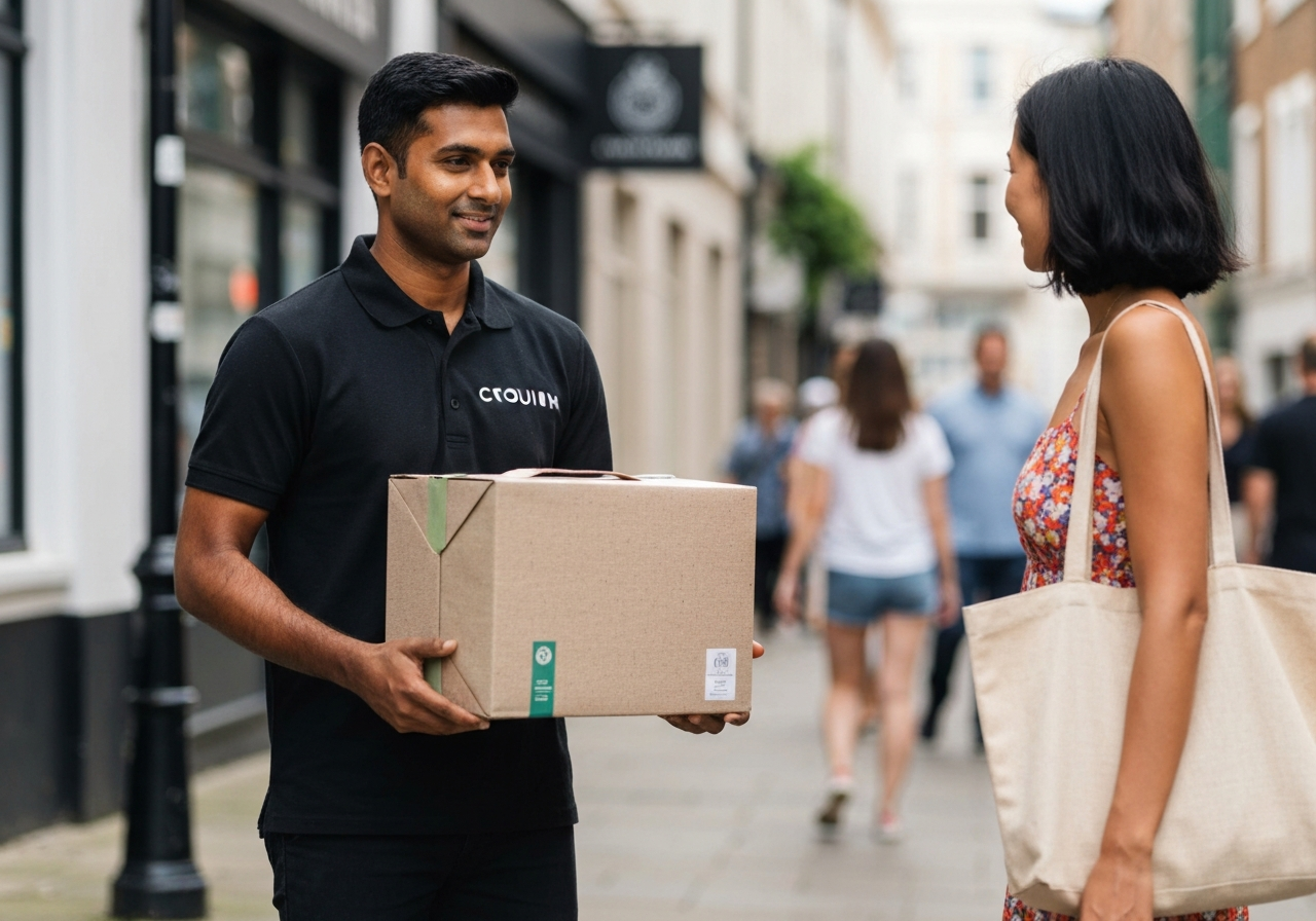 Editorial photography, a professional courier handing over a premium eco-friendly package to a customer in a bright modern street, soft natural light, shallow depth of field, 85mm lens, highly detailed, no text, no words, no letters