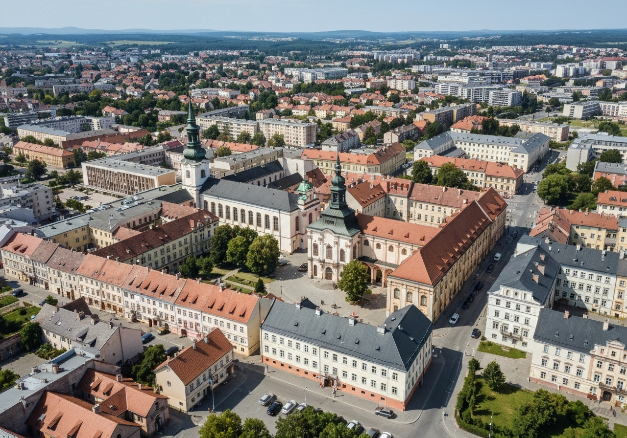 Aerial view of Vsetin city center, Zlin Region, vibrant urban landscape with historical and modern architecture, clear weather, soft natural light, professional editorial photography, 85mm lens, high resolution, no text, no words, no letters