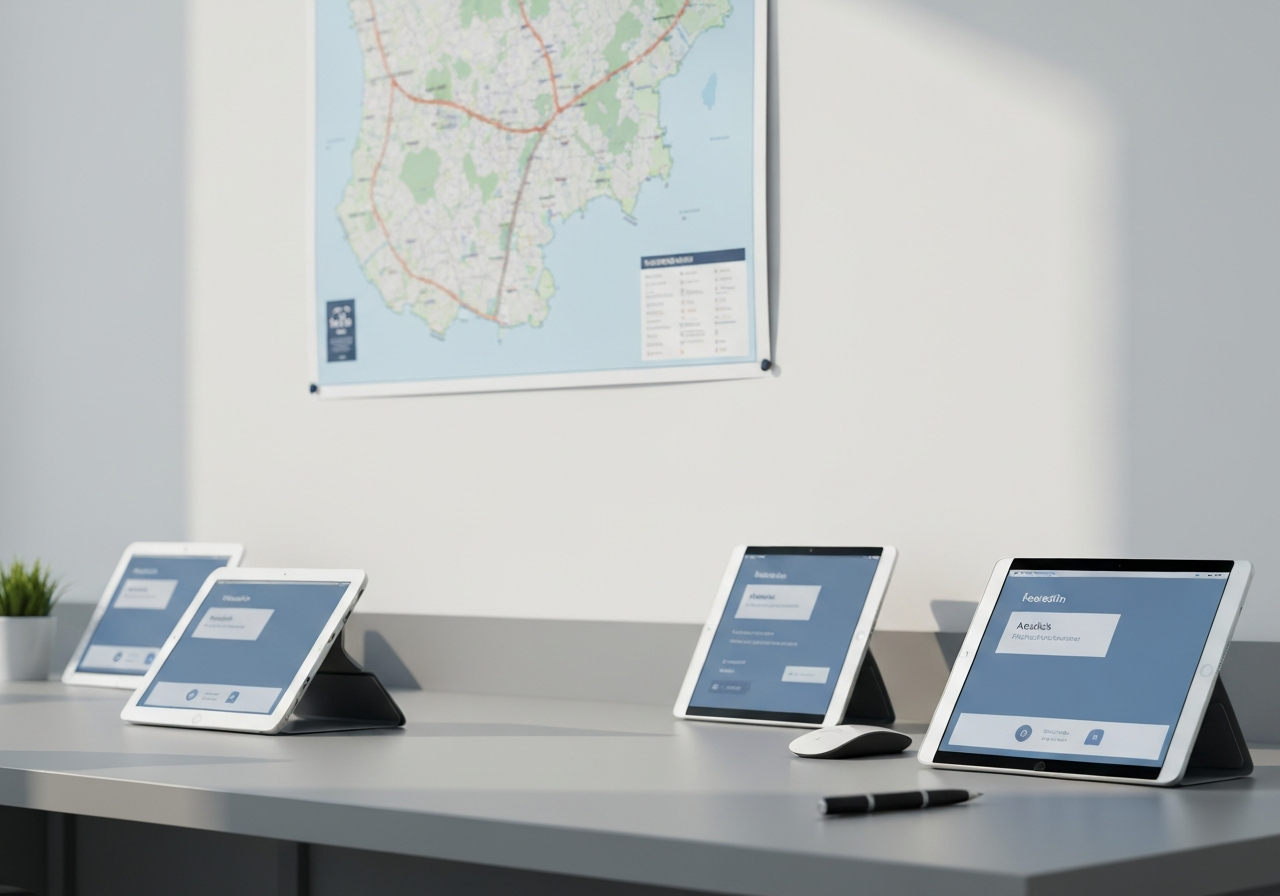 A professional logistics office desk with a map of Vsetin, modern digital tablets showing address search interfaces, clean minimalist aesthetic, soft natural light, 85mm lens, high resolution, no text, no words, no letters