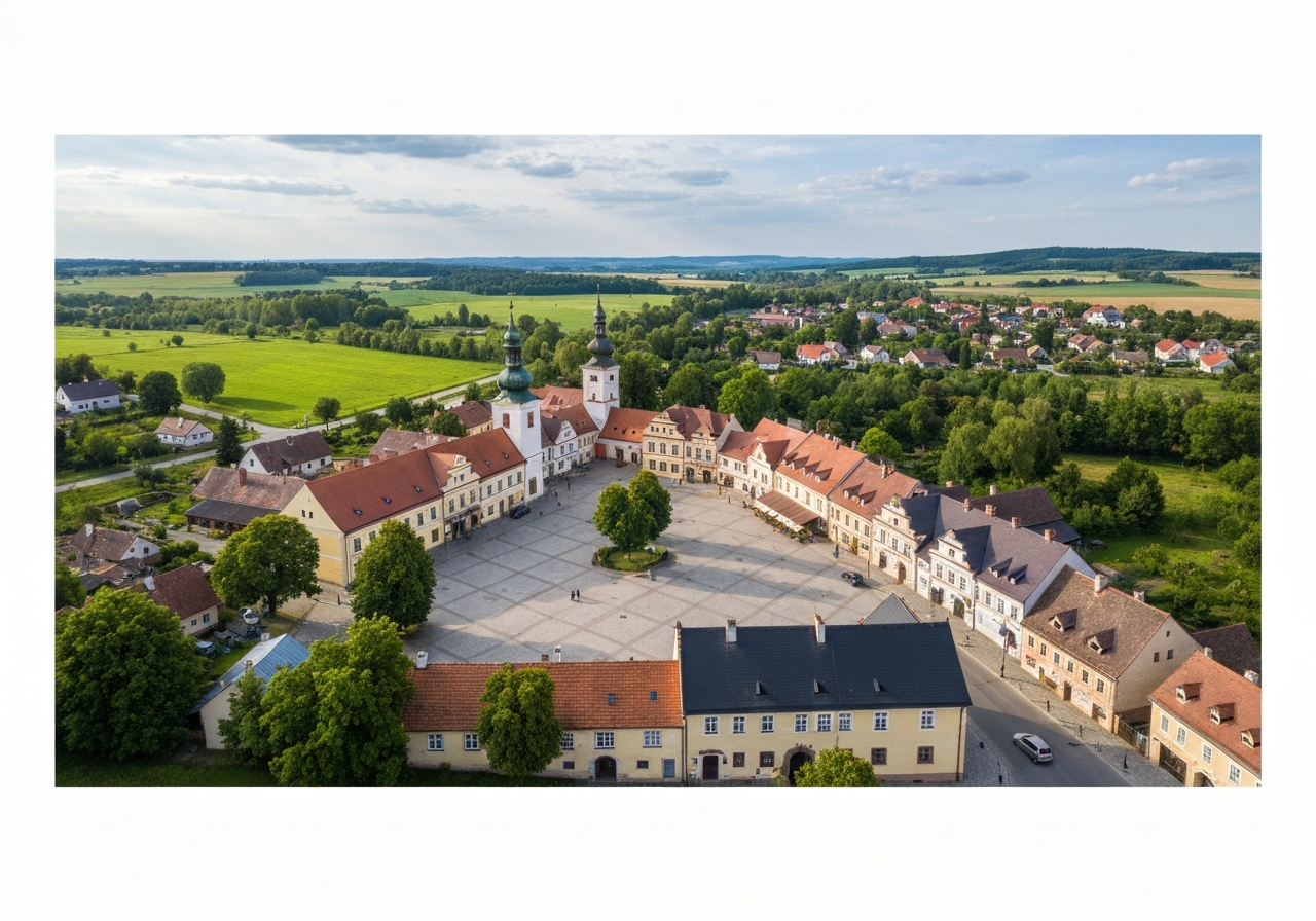 Aerial wide shot of the historical square and landscape of Horni Cerekev, Vysochina region, quaint architecture and lush green surroundings, editorial photography, soft natural light, 85mm lens, highly detailed, no text, no words, no letters