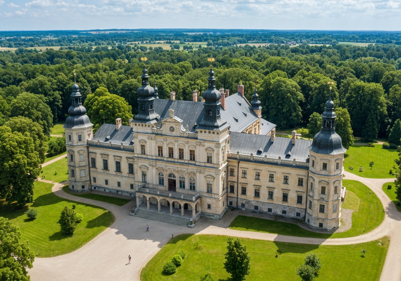 Aerial wide-angle shot of the historic Horni Cerekev chateau surrounded by lush green gardens, bright summer day, soft natural light, editorial photography style, 85mm lens, high resolution, no text, no words, no letters.
