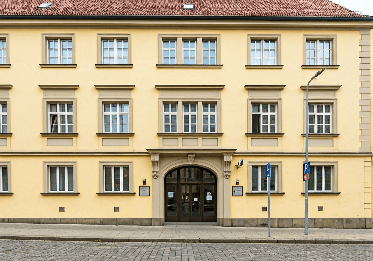 A professional exterior shot of a classic Czech post office building in the town of Cesky Dub, centered on the entrance, historical architecture mixed with modern signage, soft morning sunlight, 85mm lens, high resolution, no text, no letters