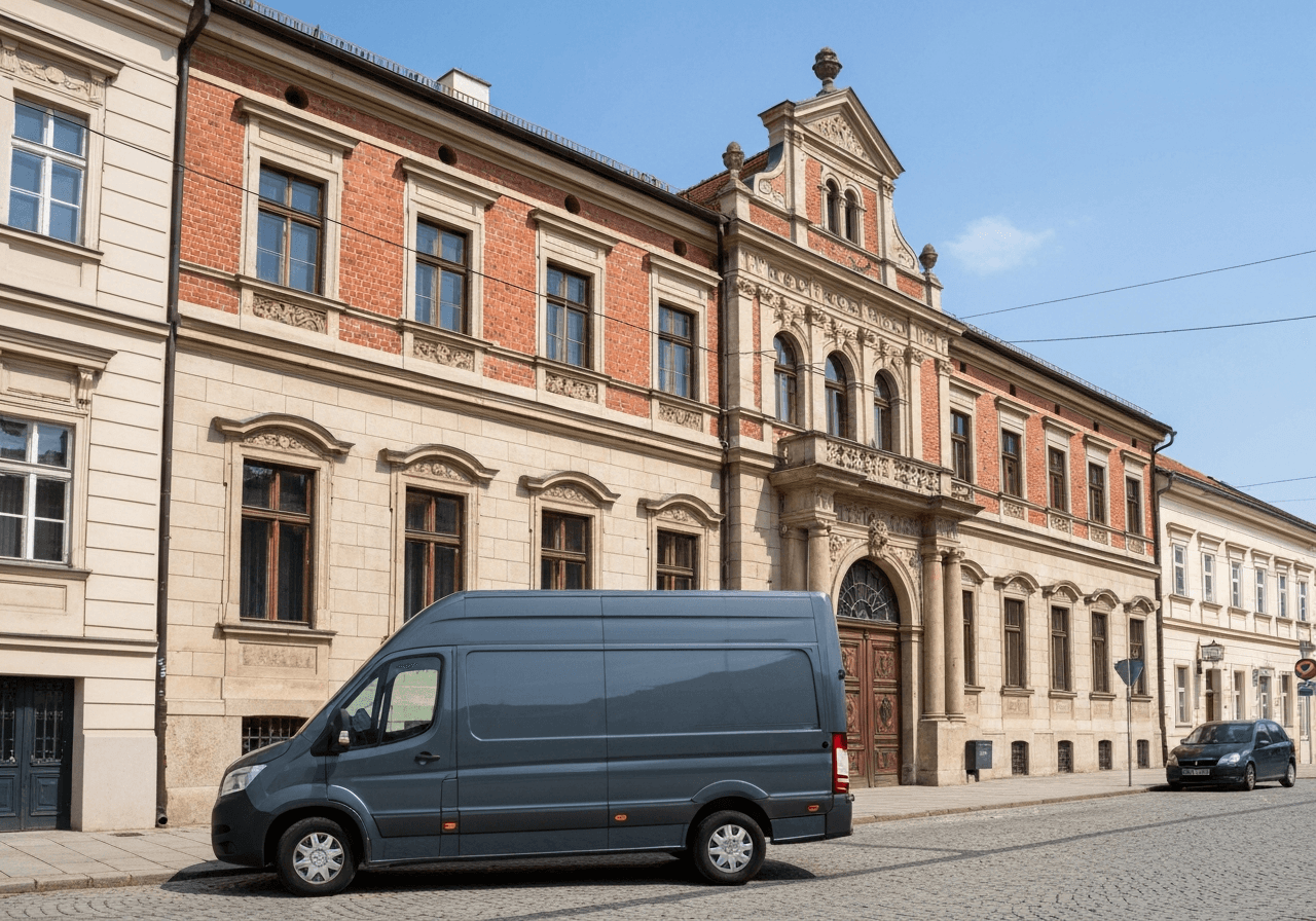 A professional logistics delivery van parked in front of a historic Czech post office building, clean streets of Český Dub, bright daylight, editorial architectural photography, 85mm lens, high resolution, no text, no words, no letters