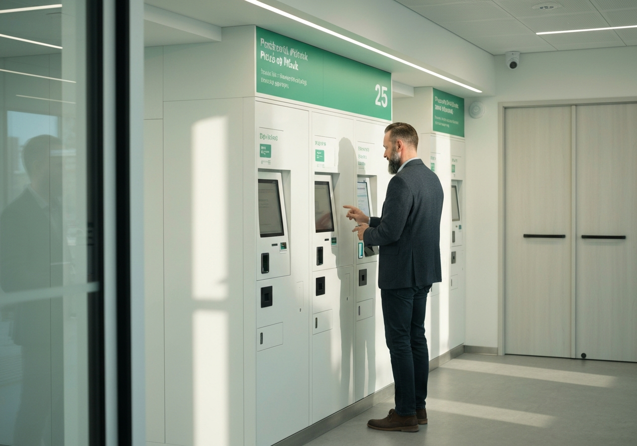 Editorial photography, a modern parcel pickup point in a clean, brightly lit interior, a customer interacting with a digital terminal, soft natural light, 85mm lens, high quality, no text, no words, no letters