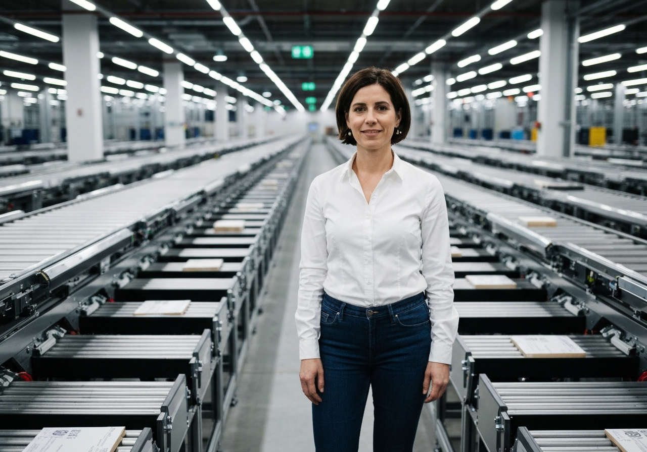 A professional female entrepreneur standing in a modern, high-tech automated logistics warehouse with rows of sorting belts, premium editorial lighting, cinematic depth of field, 85mm lens, high resolution, no text, no letters