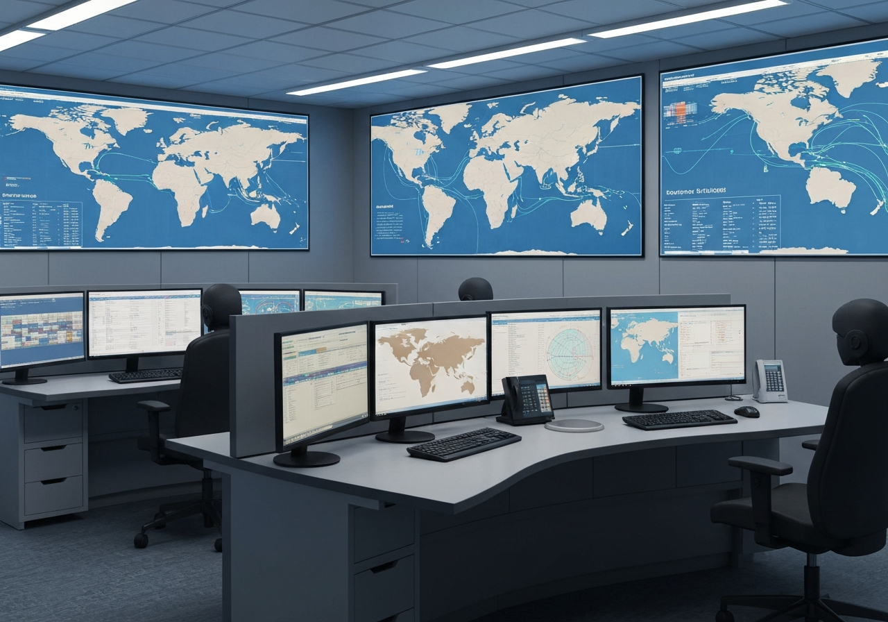 A sophisticated, modern global logistics hub control room with digital maps showing international shipping routes, clean aesthetic, editorial photography, soft ambient lighting, 85mm lens, high resolution, no text, no letters.