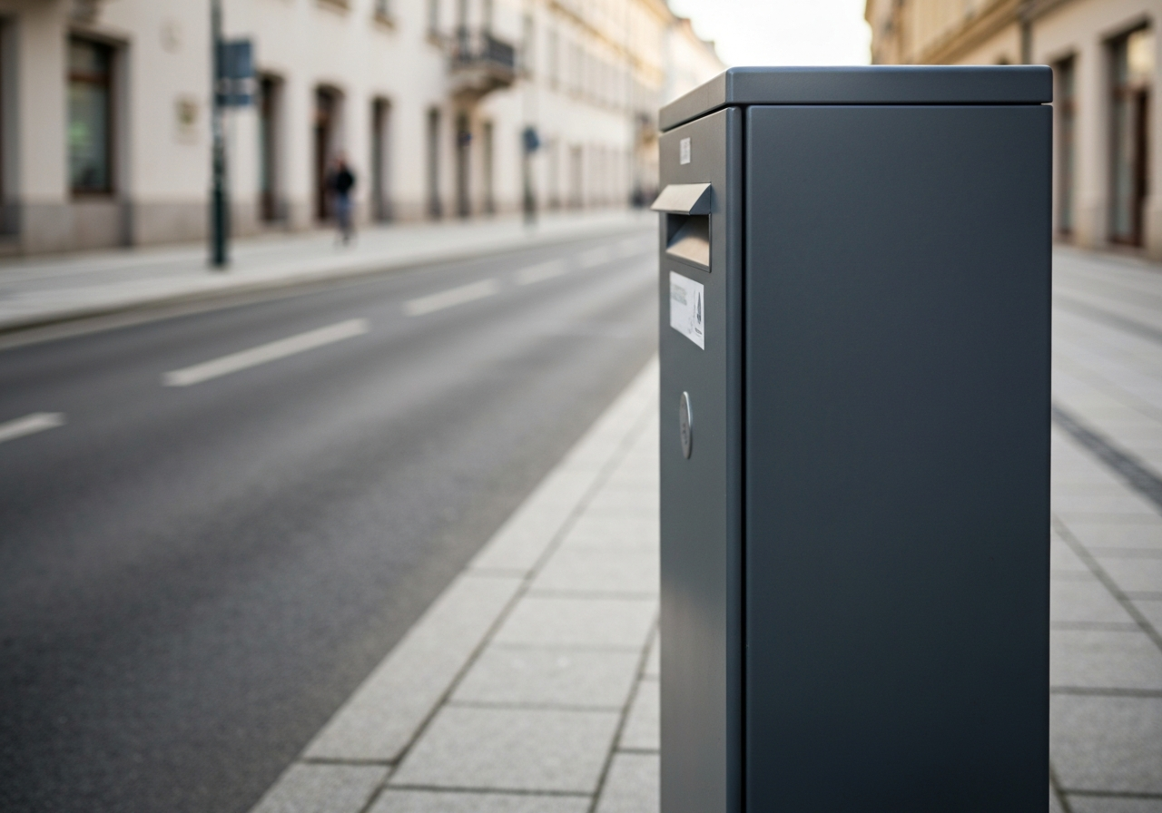 A detailed close-up of a modern parcel box on a clean, minimalist street in Prague, soft morning light, editorial photography style, 85mm lens, high quality, no text, no letters.