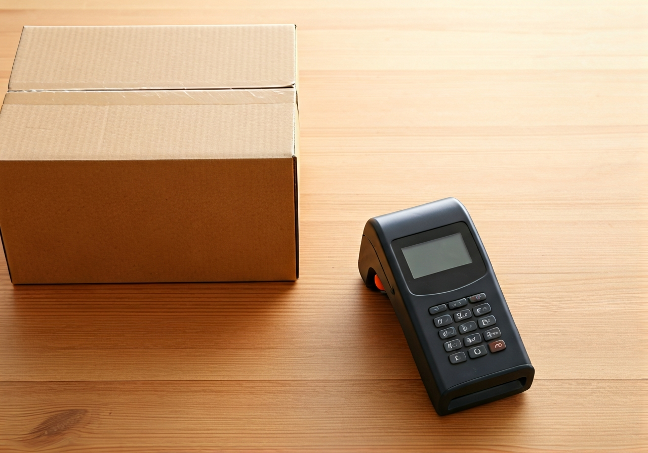 A close-up, high-angle shot of a clean, minimalist wooden table with a perfectly addressed cardboard parcel and a professional digital logistics scanner, soft natural light, editorial photography style, 85mm lens, high resolution, no text, no letters.