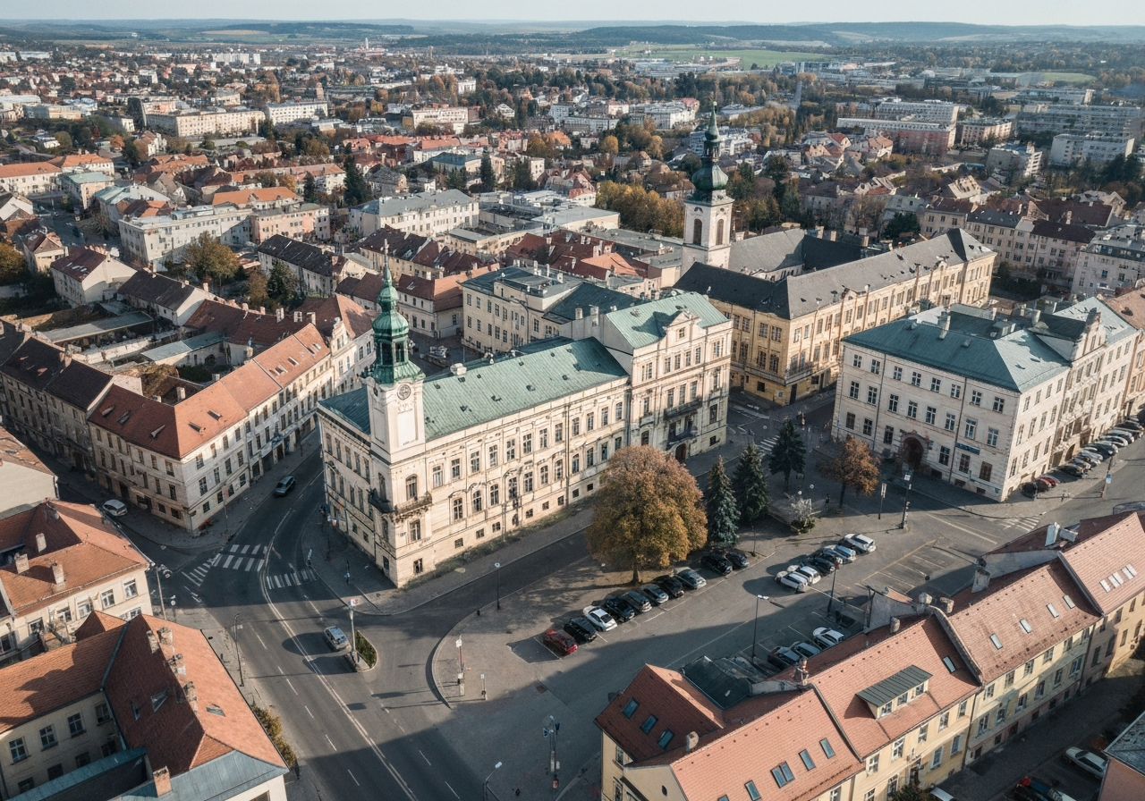 Aerial view of Náměšť nad Oslavou city center featuring historical architecture and the local post office building, clean urban landscape, editorial photography, soft natural light, 85mm lens, high resolution, no text, no words, no letters