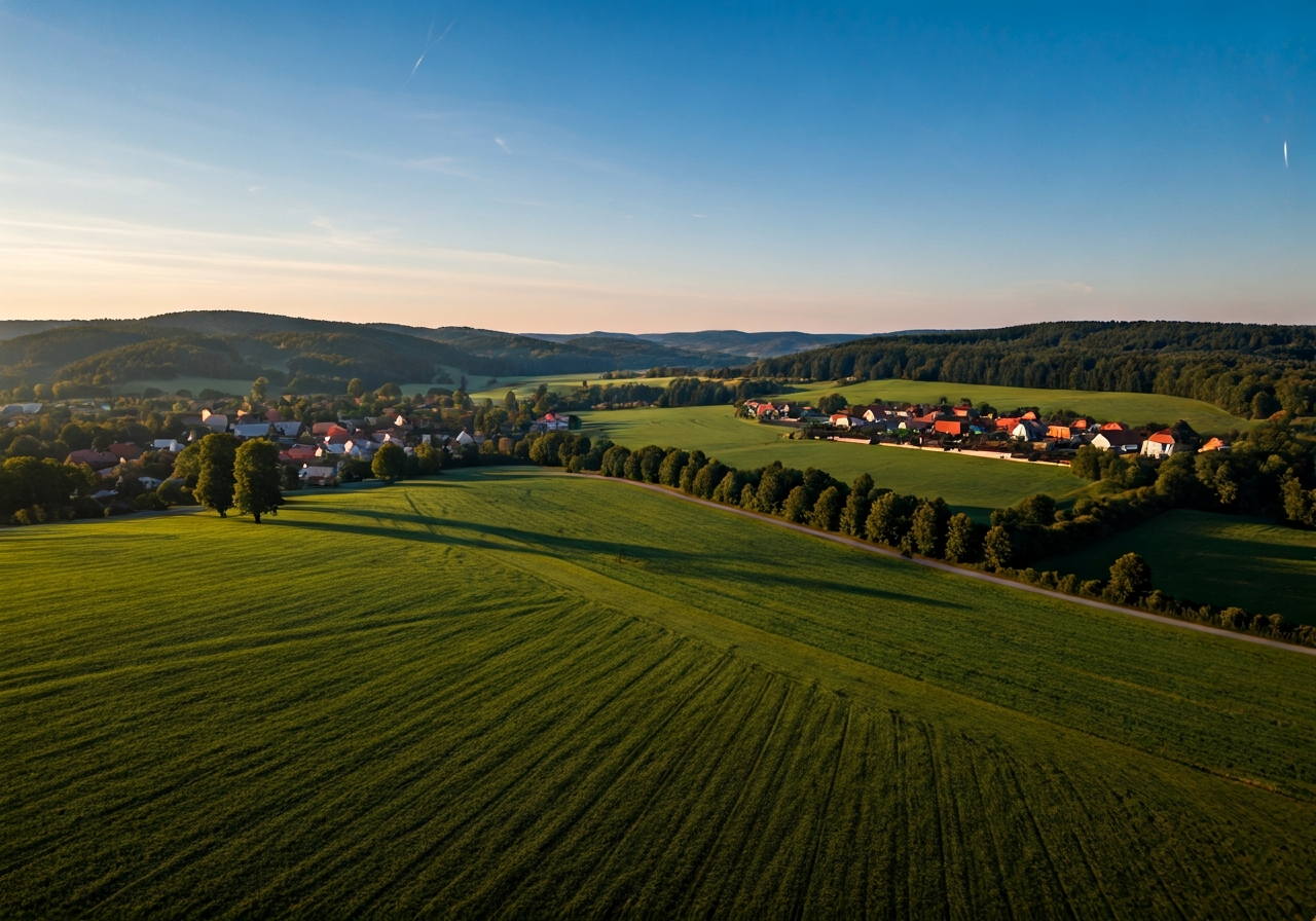 Aerial view of Náměšť nad Oslavou landscape with historical architecture, rolling green hills, serene atmosphere, high-end travel editorial style, soft natural morning light, sharp focus, 85mm lens, no text, no letters