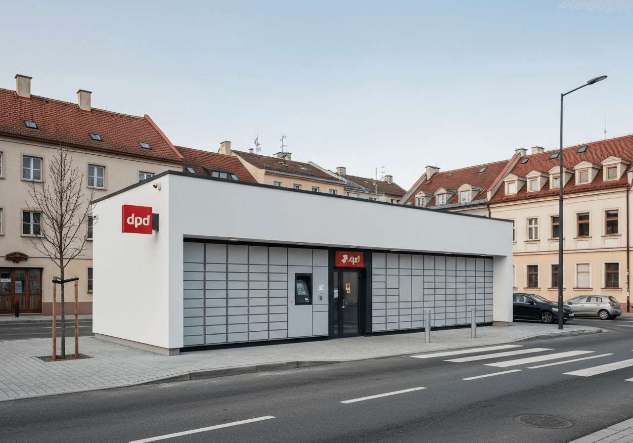 A modern, minimalist DPD parcel locker station in an urban environment in Havířov, clean architectural lines, soft natural daylight, cinematic editorial photography, 85mm lens, high quality, no text, no letters