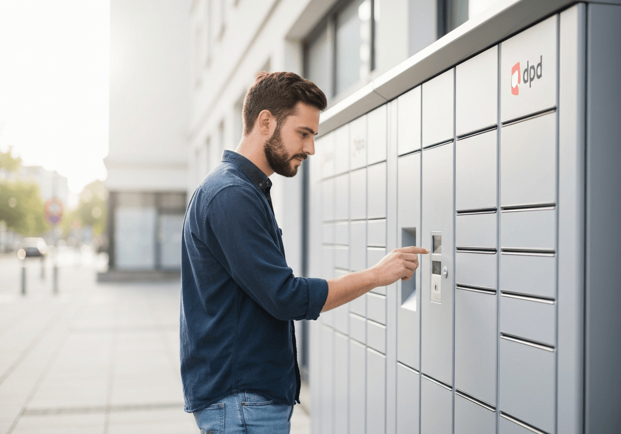A person interacting with a modern DPD parcel locker, outdoor urban setting, clean aesthetics, soft natural light, shallow depth of field, 85mm lens, high resolution, no text, no words, no letters.