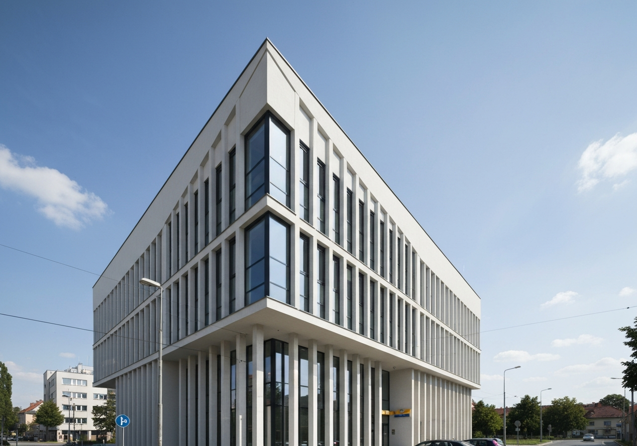 Exterior view of a modern Czech post office building in Roudnice nad Labem, clean architectural lines, vibrant daytime lighting, street level perspective, editorial photography style, 85mm lens, no text, no words, no letters.