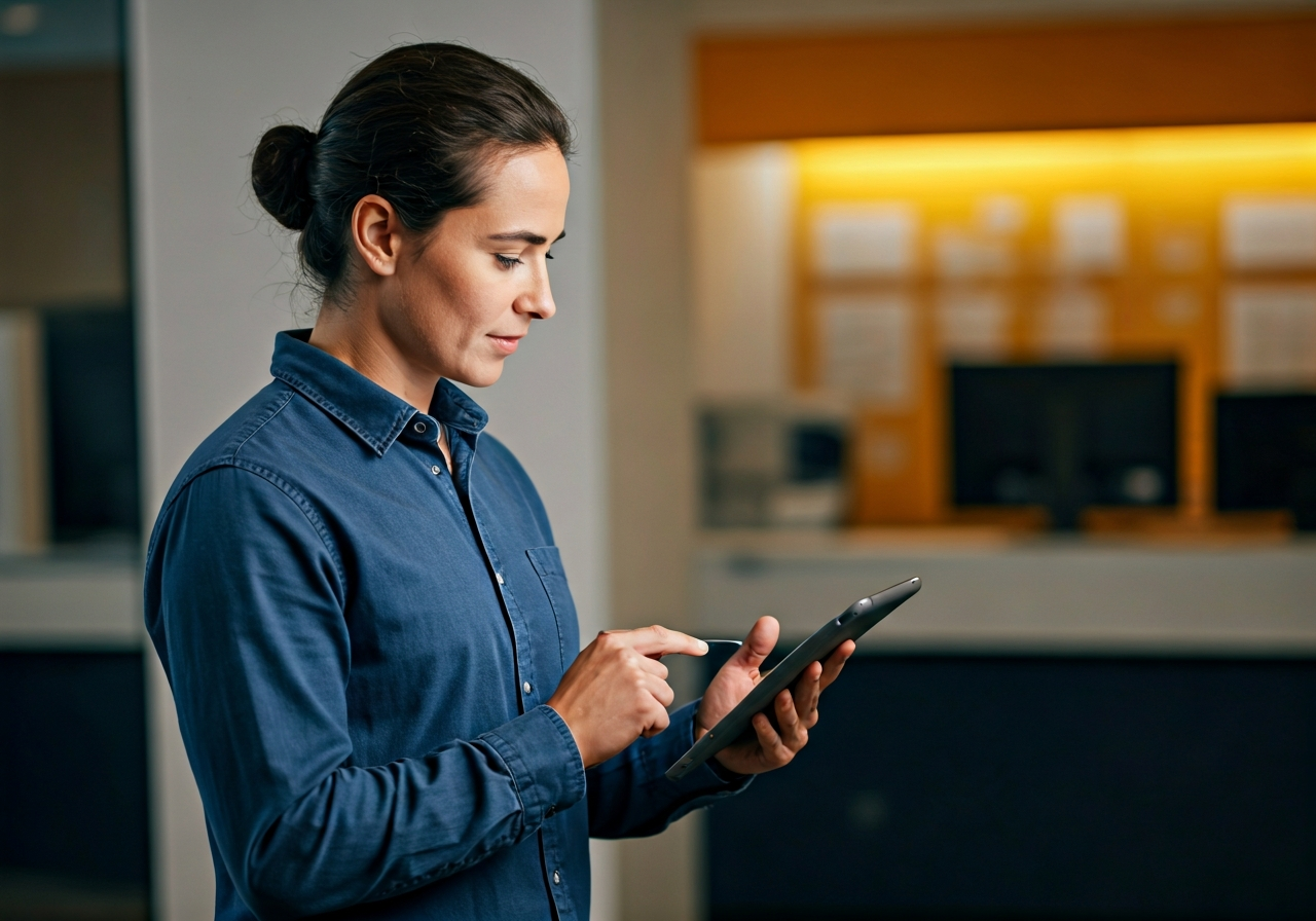 A professional logistics auditor examining a digital tablet inside a modern, clean post office branch, neutral color palette, editorial photography, soft natural light, 85mm lens, highly detailed, no text, no letters