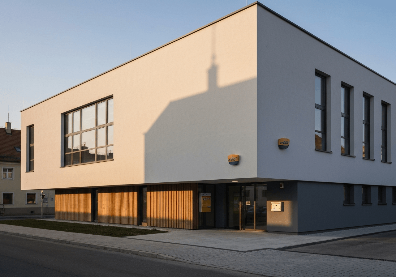 A modern, clean exterior of a Czech post office building in a quiet town setting, golden hour soft natural light, architectural photography, 85mm lens, high resolution, no text, no words, no letters