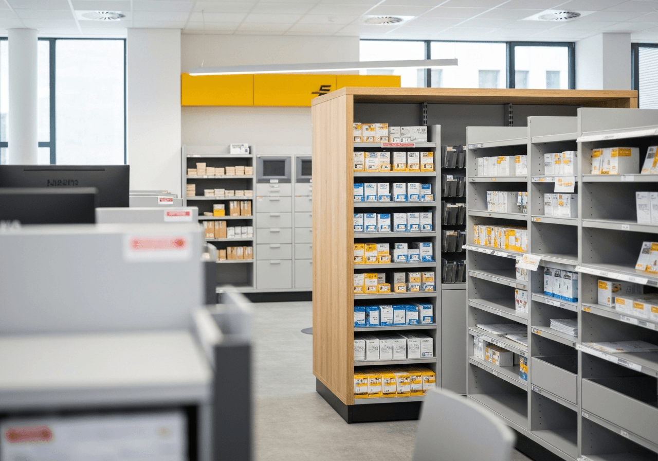 A professional, organized workspace in a modern Czech post office interior, blurred background showing organized parcel shelves, soft natural light, editorial photography style, 85mm lens, high quality, no text, no words, no letters.