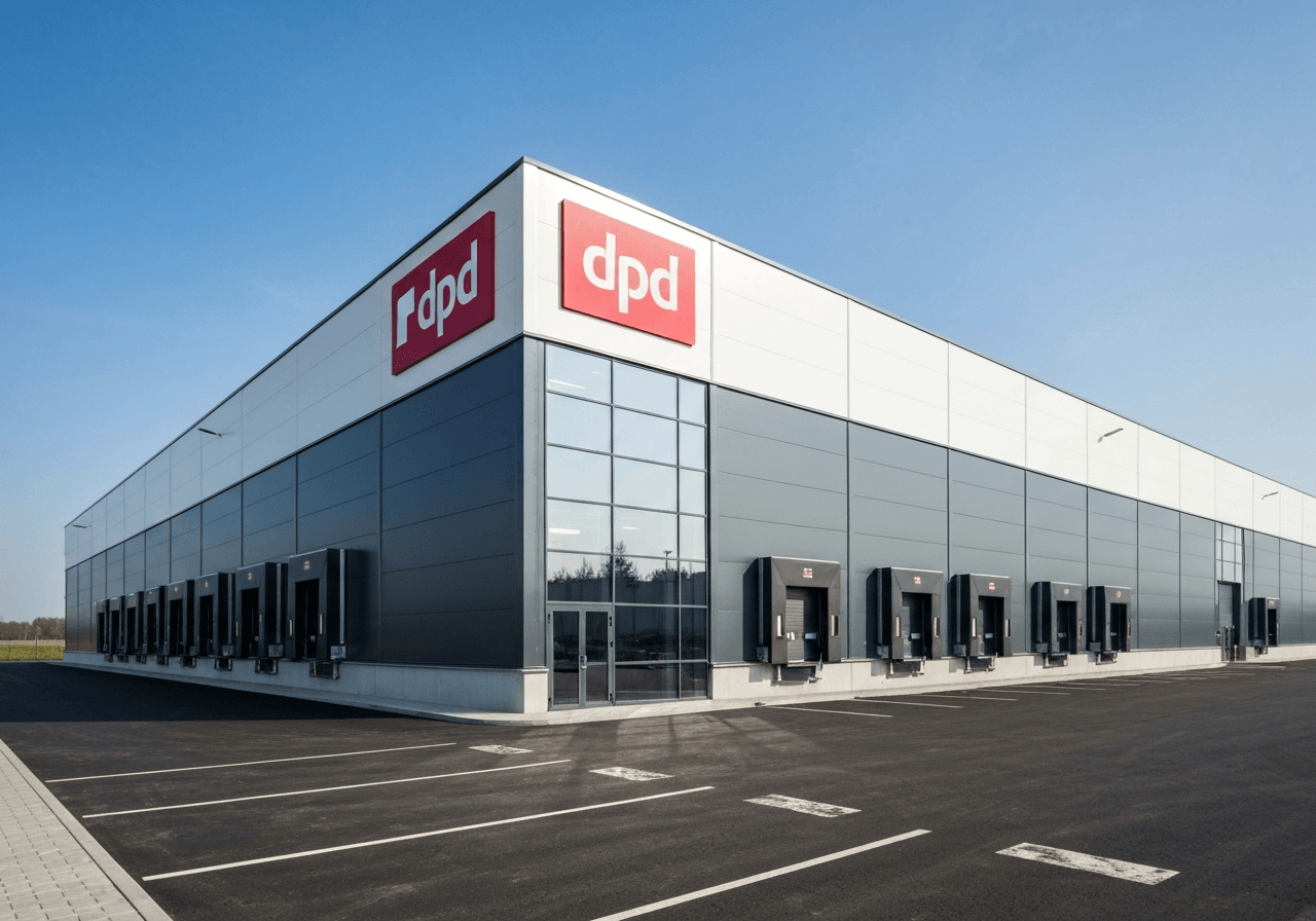 A professional logistics warehouse exterior of DPD Jeřmanice, modern industrial building, clean surroundings, bright daylight, editorial architectural photography, 85mm lens, high resolution, no text, no words, no letters