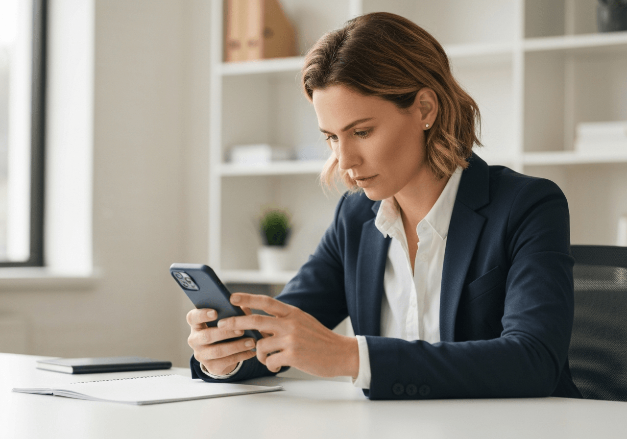 A professional person using a modern smartphone to track a parcel on a clean office desk, minimalist workspace, premium editorial aesthetic, soft natural daylight, shallow depth of field, 85mm lens, no text, no words, no letters