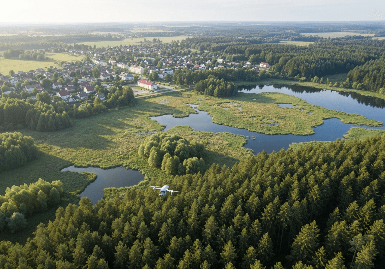 Aerial view of the serene landscape surrounding Suchdol nad Lužnicí, lush wetlands and pine forests, editorial photography, modern, premium, soft natural morning light, 85mm lens, highly detailed, no text, no words, no letters